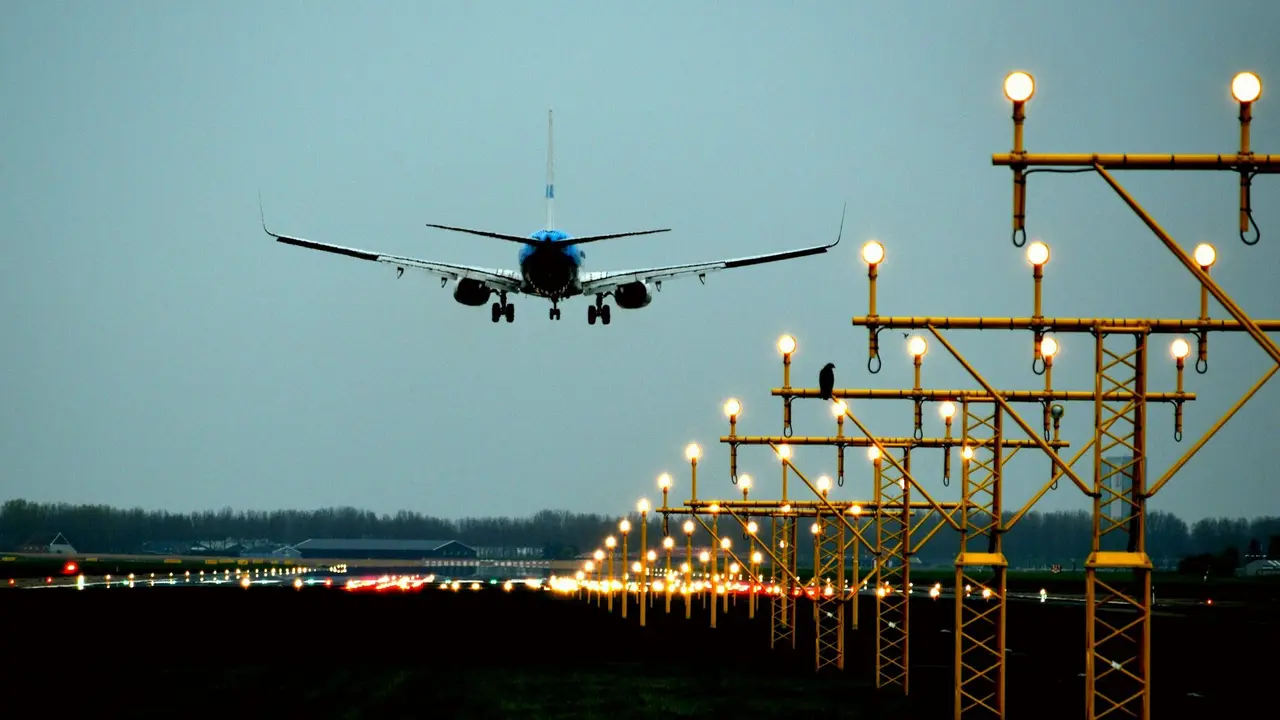 Runway approach lights at dusk